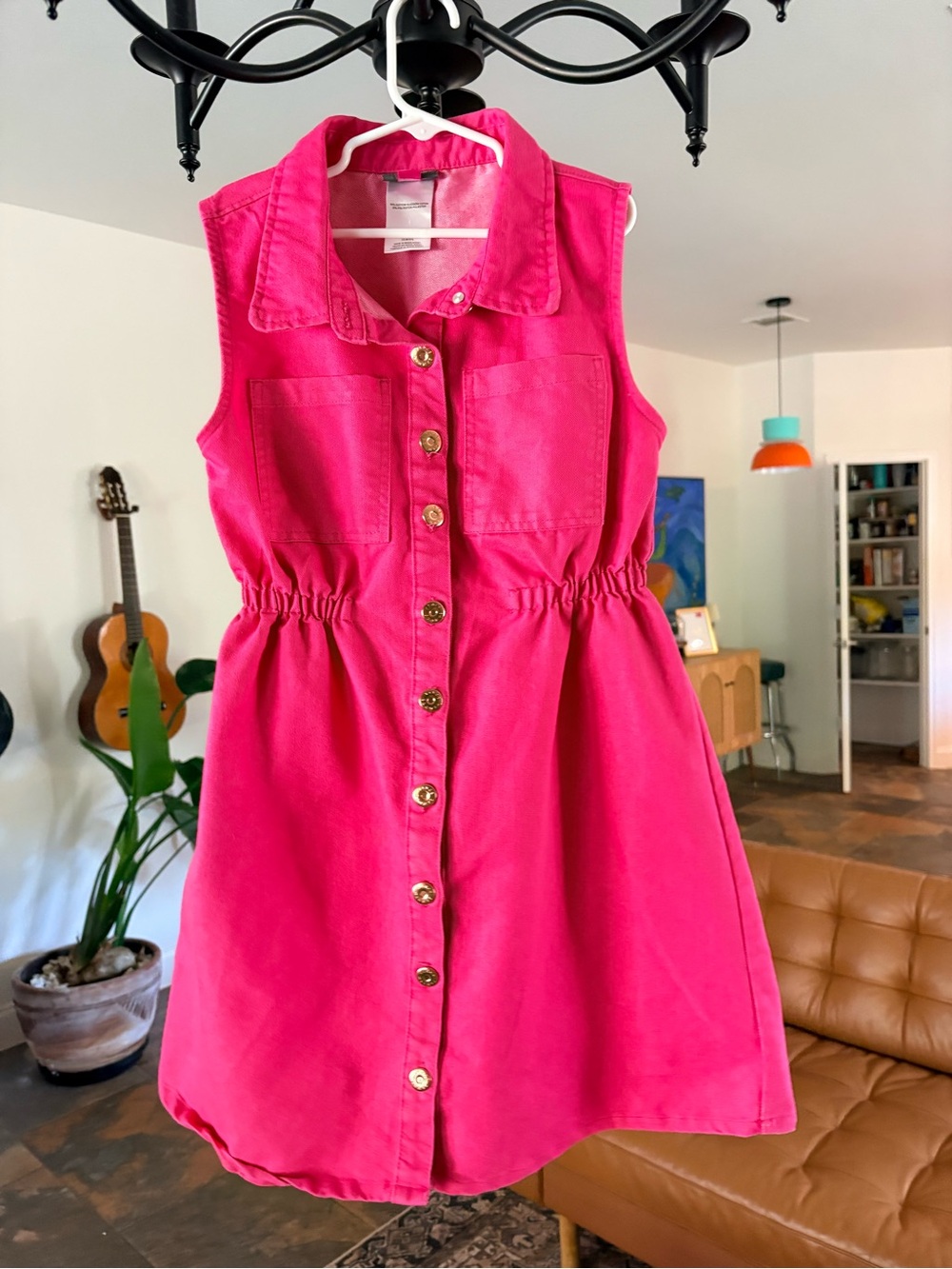 Vince Camuto Girls 12 Hot Pink Denim Sleeveless Button Up Utility Shirt Dress